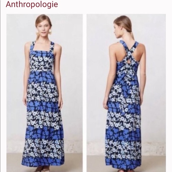 Anthropologie Maeve Cutout Criss Cross Anakena Blue Floral Print Maxi Dress 12 - Picture 1 of 5